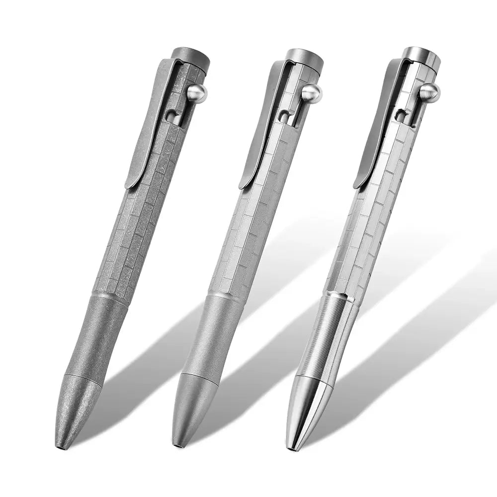 Stonewashed, sandblasted and natural titanium bolt action pens arranged on a white background Main image