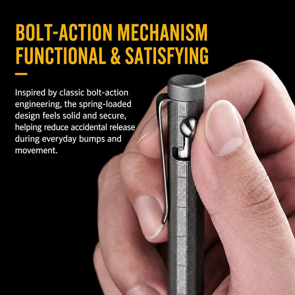 Thumb on the side bolt of a stonewashed titanium pen, showing the bolt track and pocket clip