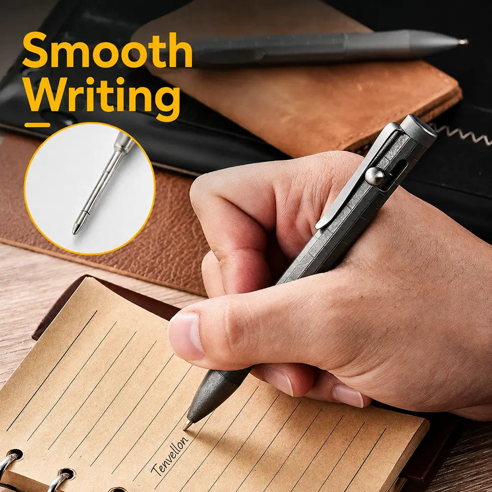 Hand writing in a notebook with a stonewashed titanium bolt action pen