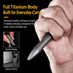 Hand holding a titanium pen, with inset views showing the pocket clip and everyday carry