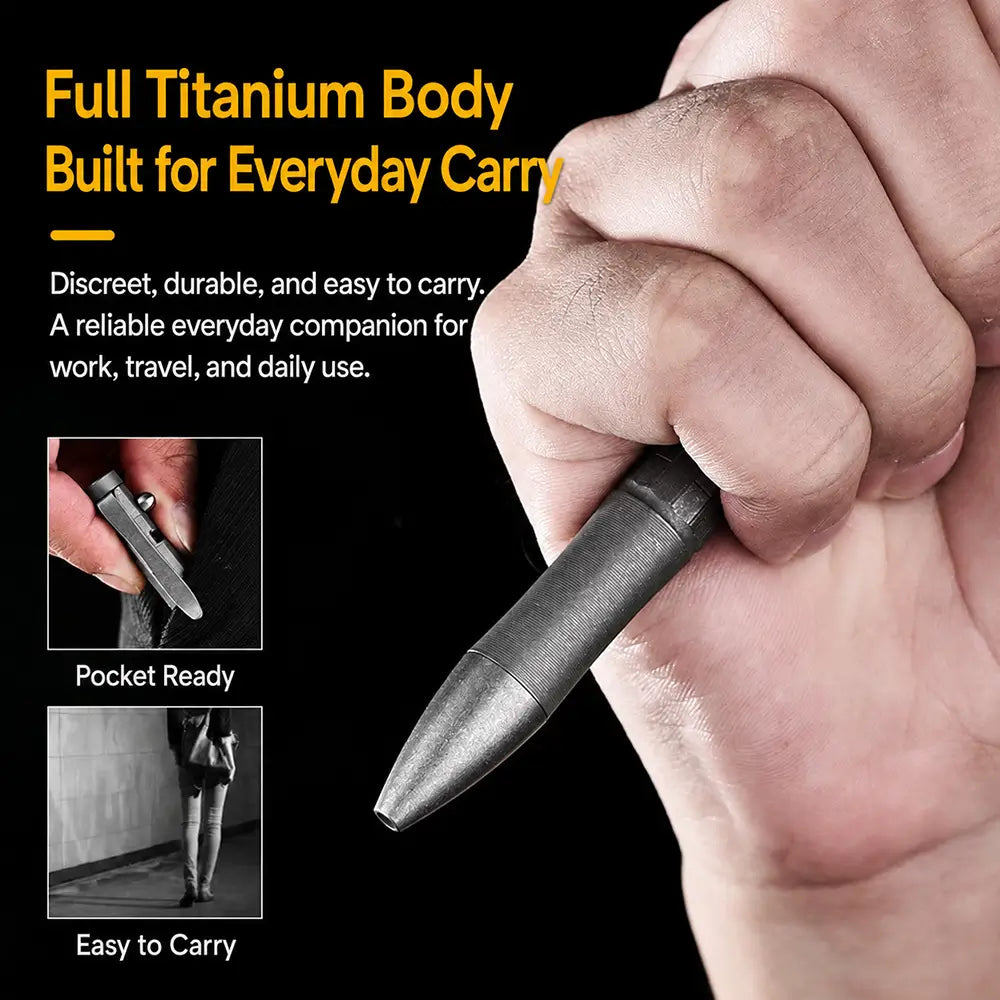 Hand holding a titanium pen, with inset views showing the pocket clip and everyday carry
