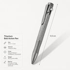 Titanium bolt action pen specifications showing a 125 by 12 mm body and 38.5 g weight including refill
