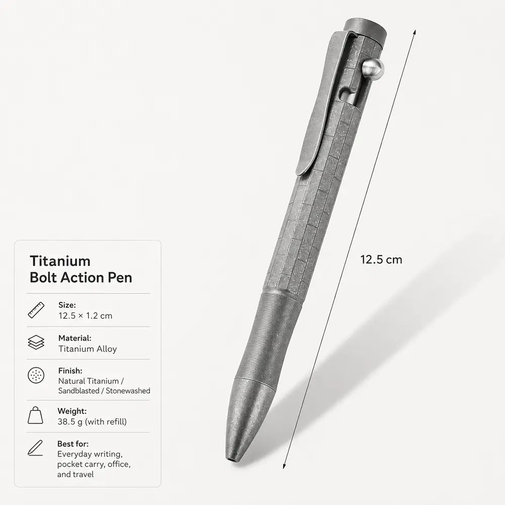 Titanium bolt action pen specifications showing a 125 by 12 mm body and 38.5 g weight including refill